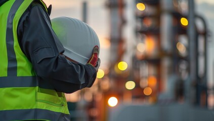 Close-up of an engineer wearing a high-visibility jacket and holding a white helmet In the background, there is a gas plant Generative AI