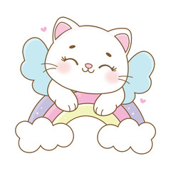 cute little cat in the rainbow sky in style kawaii