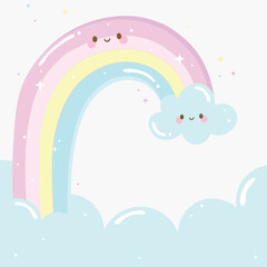 Cute happy colorful rainbow drawing in kawaii style