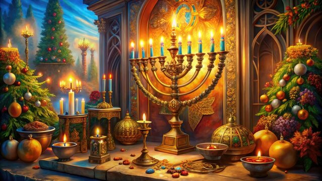 Vibrant oil painting depicting a festive Jewish holiday scene with menorah, Torah, and traditional symbols amidst warm golden lighting and ornate architectural details.