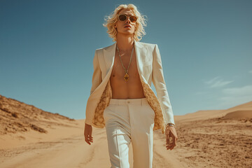 High fashion concept. Portrait of fashionable male model walking in luxurious white clothing among sands under the blue sky. Luxury brands campaign style. Outdoor shot
