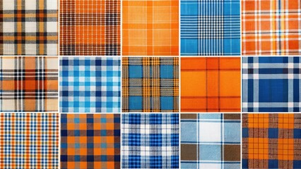 Vibrant orange and blue plaid pattern swatches in various shades and textures, arranged in a collage on a white background, perfect for design inspiration.