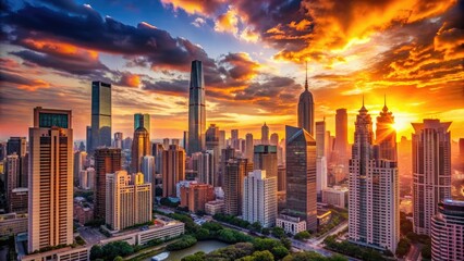 Obraz premium Vibrant orange and pink hues illuminate the majestic cityscape as the sun dips below the horizon, casting a warm glow on the towering skyscrapers.