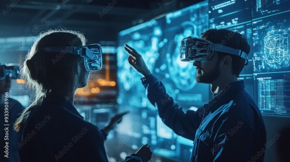 Poster Two People Wearing VR Headsets In Front of a Large Screen Displaying Data