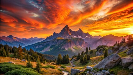 Vibrant orange and pink hues illuminate the sky as the sun sets behind a rugged mountain range, casting a warm glow over the serene landscape.