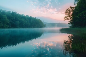 Fototapeta premium Serene Morning Reflections on a Tranquil Lake at Dawn