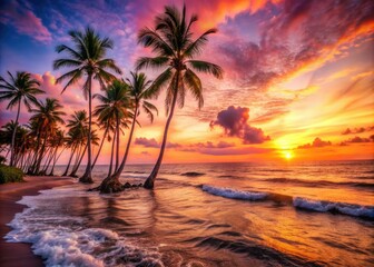 Vibrant orange and pink hues paint the sky as palm trees sway gently above tranquil ocean waves, creating a serene and idyllic tropical sunset scene.