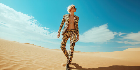 High fashion concept. Portrait of fashionable male model crossing old bridge in luxurious white clothing among sands under the blue sky. Luxury brands campaign style. Banner. Outdoor shot