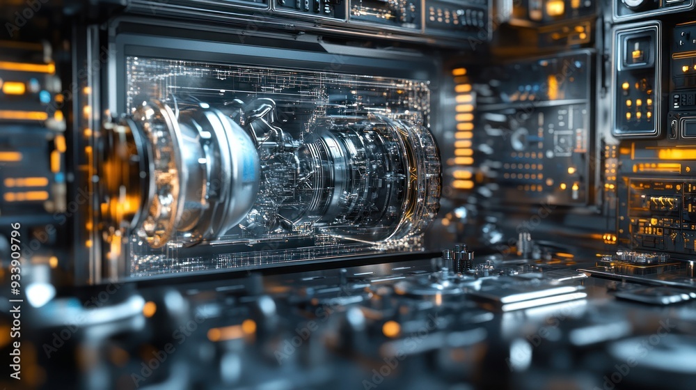 Poster Futuristic Machine with Transparent Panel Showing Internal Components