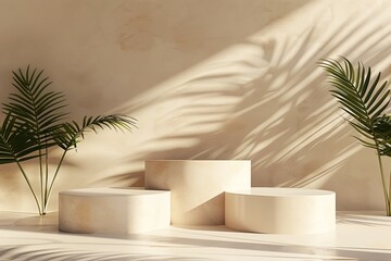 3d rendering of minimal scene of white blank podium with earth tones color theme. Display stand for product presentation mock up and cosmetic advertising