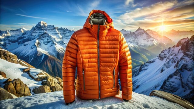 Vibrant orange down-filled puffy jacket with adjustable hood and waist hem, lying crumpled on a snow-covered mountain peak, surrounded by rugged terrain.