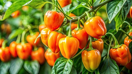 Vibrant orange habanero peppers ripen on a lush green plant, surrounded by shiny leaves, against a blurred natural background, showcasing the spicy fruit's growth.