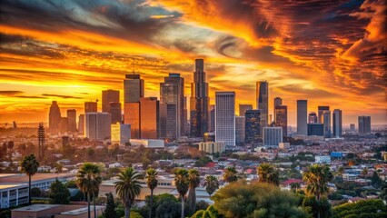 Obraz premium Vibrant orange hues illuminate the iconic Los Angeles skyline as the sun sets behind the city's towering skyscrapers, casting a warm glow over the urban landscape.