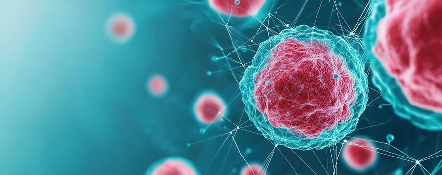 Breast cancer cell network, digital connections, blue and green tones