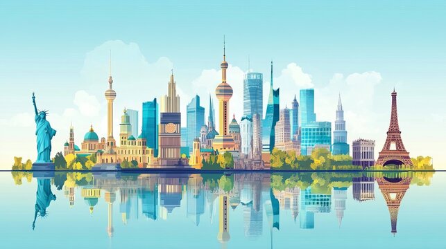 A world skyline featuring famous buildings and monuments, serving as a backdrop for travel and tourism themes.
