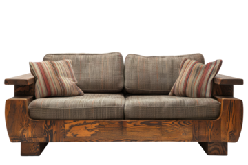 Rustic Wooden Sofa with Cushions in Striped Fabric for Cozy Living Room Decor