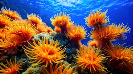 Vibrant orange Paramuricea clavata coral colonies wave gently in the ocean current, their feathery tentacles swaying softly in the blue water, Mediterranean Sea.