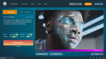 User interface of AI video generator. Artificial intelligence chatbot generate detailed video: Man face with digital facial recognition grid overlay. From text prompt to realistic AI generated video.
