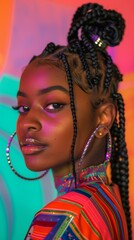 Obraz premium African American woman with braided hair and hoop earrings, smiling brightly in outdoor setting. Her glowing skin and joyful demeanor are beautifully highlighted by natural sunlight.