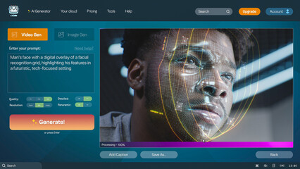 User interface of AI video generator. Artificial intelligence chatbot generate detailed video: Man face with digital facial recognition grid overlay. From text prompt to realistic AI generated video.