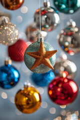 A star is hanging from a string of Christmas ornaments