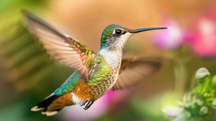 Fototapeta premium a hummingbird feeding on nectar, its shimmering feathers and delicate wings illuminated by the sun. Great for garden decor and educational resources.