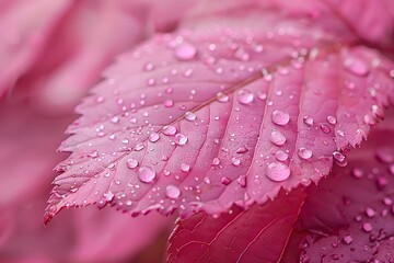 Obraz premium Close-Up of Dew-Kissed Pink Leaves Glimmering in Soft Light