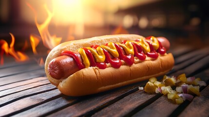Perfectly Grilled Hotdog with Mustard Ketchup and Relish on Wooden Surface