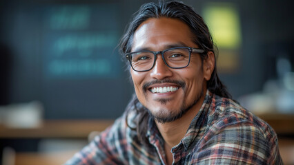 Fototapeta premium Native American Indigenous Man Teacher - man, smiling, glasses, plaid shirt, long hair, casual, indoors, portrait, happiness, young man, confident, friendly, cheerful, adult, male