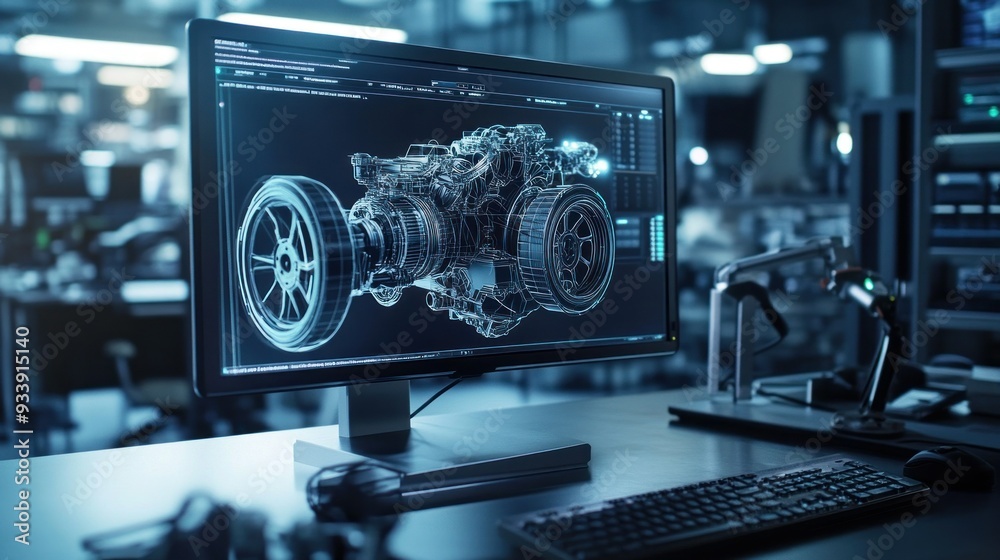Poster Computer Screen Showing a 3D Model of a Car Engine
