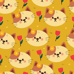 seamless pattern cartoon cat with flower. cute animal wallpaper for fabric print, gift wrap paper