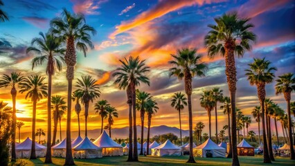 Vibrant palm trees sway gently in the desert breeze, set against a backdrop of colorful festival tents and a bright blue sky at sunset.