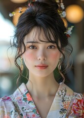 Fototapeta premium Professional portrait capturing the youthful charm and elegance of a 19-year-old Japanese beauty.