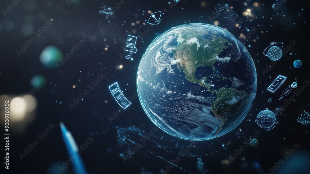 Poster earth surrounded by abstract data and symbols