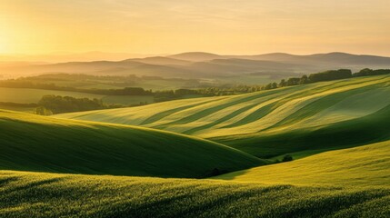 Fototapeta premium Scenic view of green rolling hills with a golden sunset in the background, creating a serene and peaceful atmosphere.