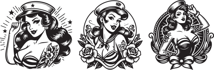 pin up girl portrait wearing sailor hat in black and white vector collection