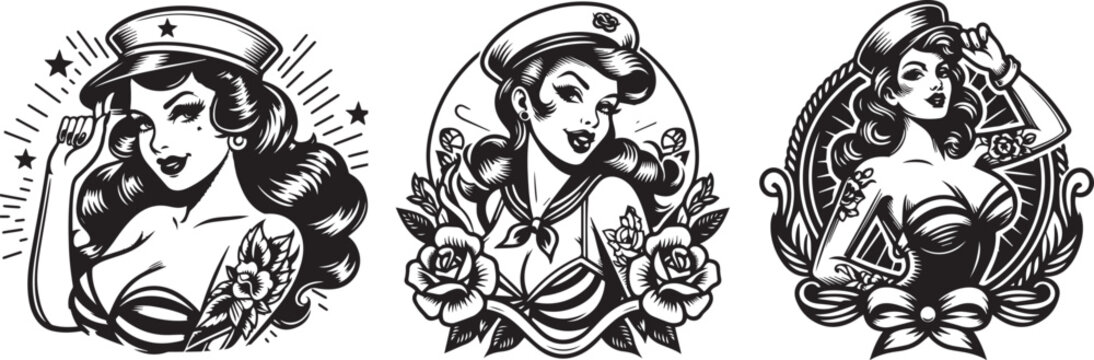 pin up girl portrait wearing sailor hat in black and white vector collection