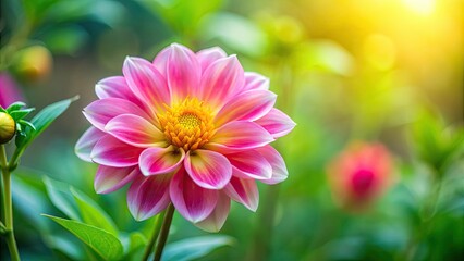 Obraz premium Vibrant pink and yellow flower blooms against a soft, blurred green background, with delicate petals and leaves creating a serene and natural atmosphere.