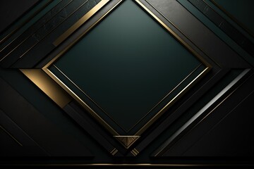 Abstract geometric background with gold frame and black and teal accents.