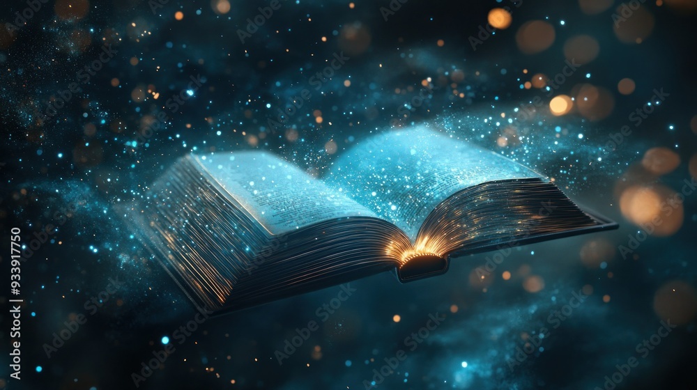 Poster an open book glowing with magical light and sparkle