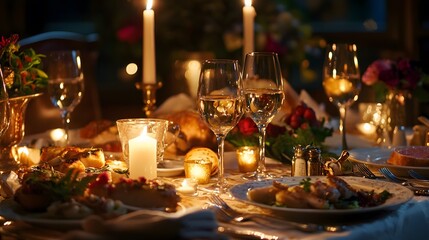 Candlelit Gourmet Dining Table Setting with Lavish Cuisine and Elegant Decor
