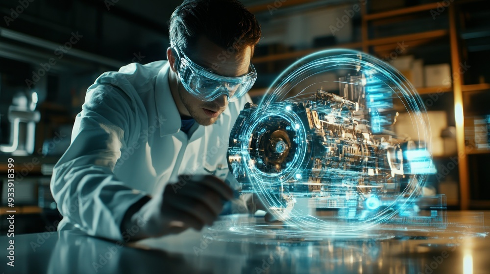 Poster a man in safety glasses uses augmented reality to analyze a 3d hologram of an engine