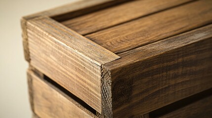 Fototapeta premium A close up of a wooden crate box with detailed textures of the wood, isolated on a soft beige background, with natural lighting enhancing the grain