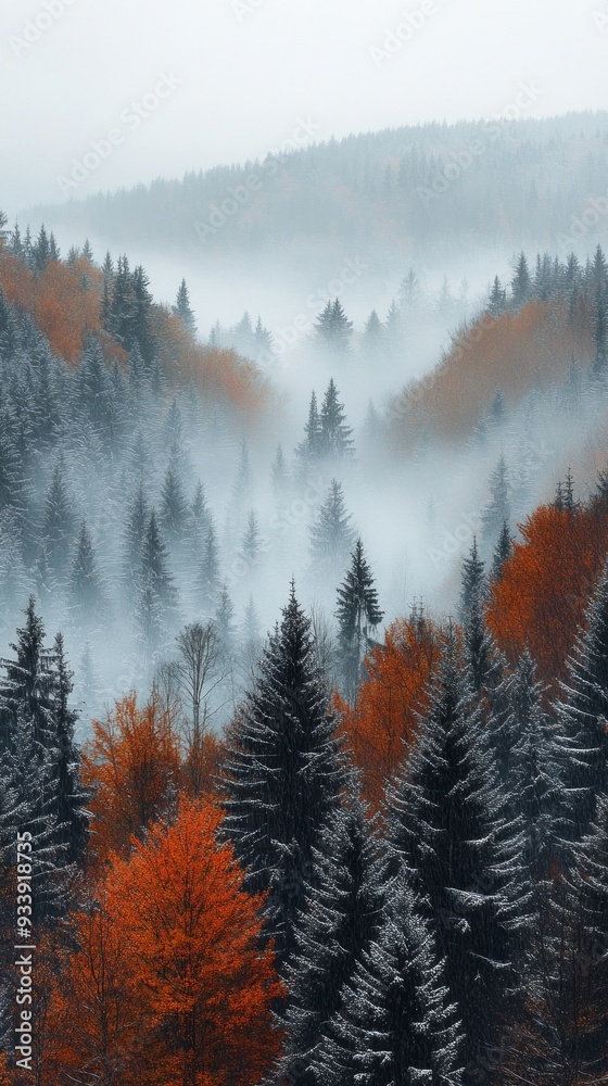 Poster Thick mist envelops a peaceful valley as autumn trees blend with evergreens, creating a harmonious display of color and tranquility