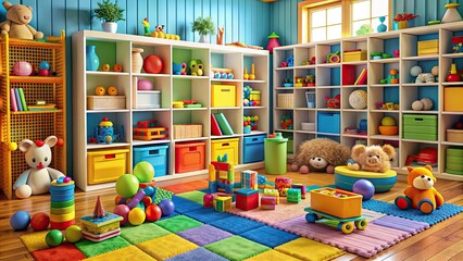 Fototapeta premium Vibrant playroom background with colorful toys, stuffed animals, building blocks, and educational materials scattered on shelves and floors, inspiring creativity and imagination in kids.