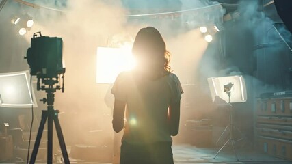 Movie production industry. Modern studio for shooting video advertising ad with light equipment. Film set. Behind the scenes of shot. Film crew working on Campaign with Actors. Silhouette of director.