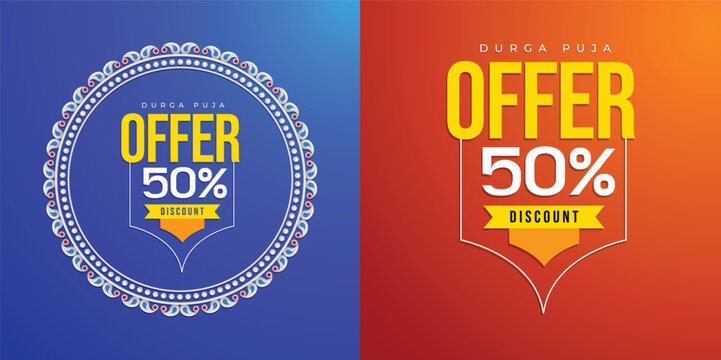 Durga Puja Banner with Arch, Decorative Frame, and Festive Border Featuring Goddess Durga. Includes Happy Durga Puja and Sale Promotion. Ideal for Navratri, Ganesh Chaturthi offer