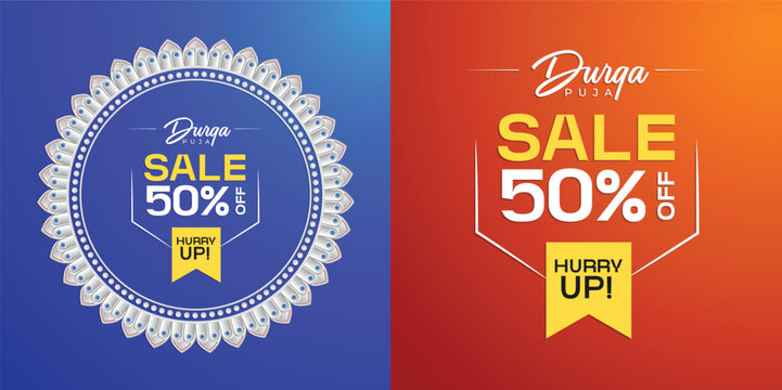 Durga Puja Banner with Arch, Decorative Frame, and Festive Border Featuring Goddess Durga. Includes Happy Durga Puja and Sale Promotion. Ideal for Navratri, Ganesh Chaturthi offer