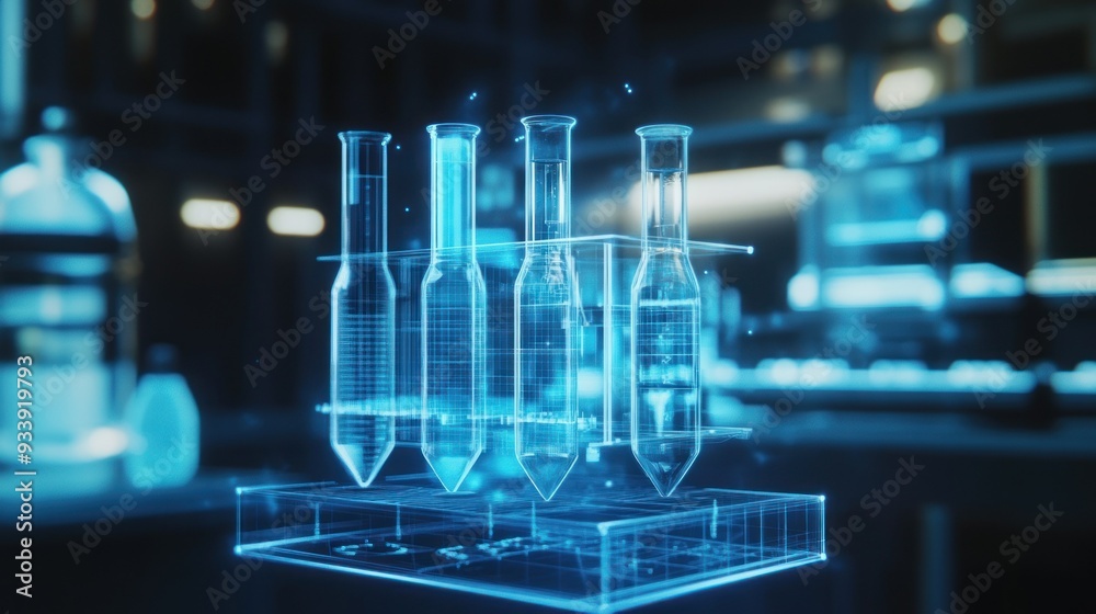 Poster holographic projection of test tubes in a laboratory setting