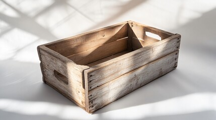 A rustic wooden crate box with weathered edges and visible grain, placed on a stark white background, casting a soft shadow